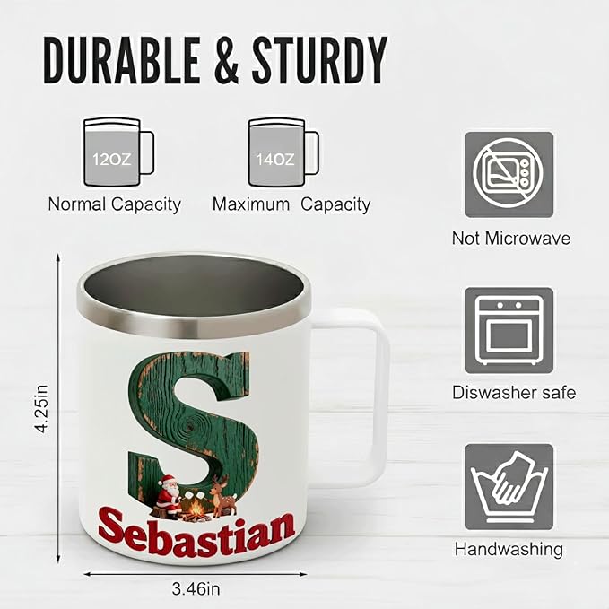 Personalized Christmas Insulated Coffee Mug with Handle – Custom Rustic Initial Letter [A] Double Wall Stainless Steel Travel Tumbler for Drinks – Unique Holiday Gift for Men, Women, & Kids(B116) - Bloomnest