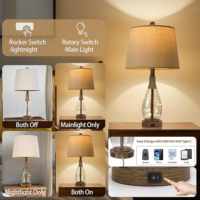 OYEARS Table Lamp Sets of 2,Lamps for Living Room,Bedside Lamps with USB A+C and Nightlight,Retro Farmhouse Rattan Glass,for Bedroom Living Room Bedroom,Two Light Points,23" - Bloomnest