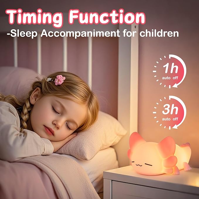 Tremdwoto Axolotl Night Light for Kids, 7 Color Changing Cute Axolotl Lamp，Dimmable &1/3 H Timer, USB Rechargeable Silicone Nursery Nightlight for Kid Bedroom Decor Axolotl Gift for Boys and Girls - Bloomnest