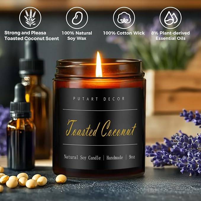Toasted Coconut Candles for Home Scented, Natural Soy Aromatherapy Non Toxic Candles with Long Lasting Fragrance & Clean Burn, Luxury Jar Candle Gift for Women, Men, Home Decoration 9oz - Bloomnest