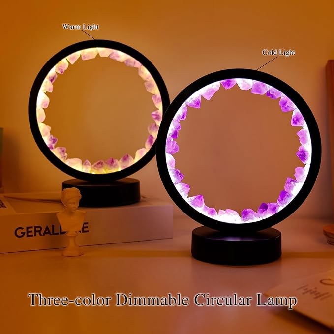 Runyangshi Amethyst Tooth Night Lamp 8.6" Natural Healing Crystal Bedside Lamp USB Port 3 Colours Dimming Mode Bedroom Lamp Suitable Night Light Ideal Gift - Bloomnest