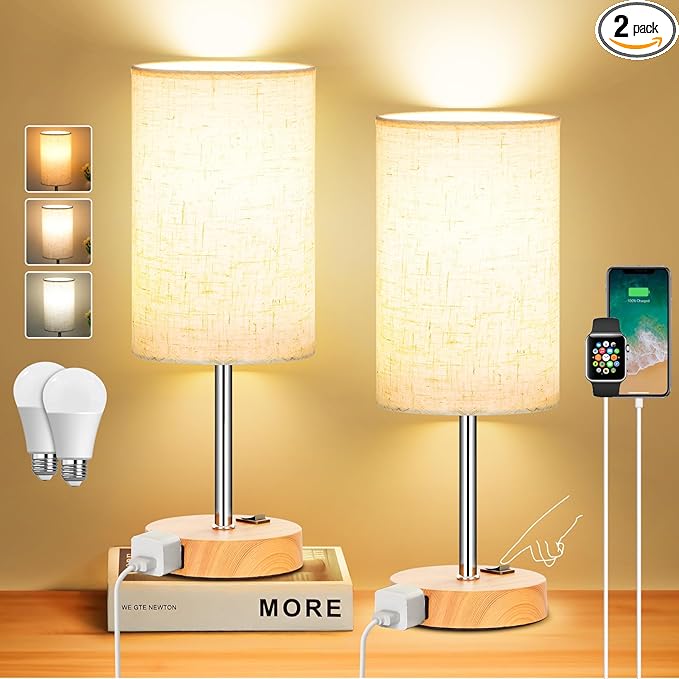 ZJOJO Table Lamp for Bedroom Set of 2, Bedside Small Lamps with 3 Way Dimmable Rocker Switch & AC Outlet, Nightstand Desk Lamp with Flaxen Fabric Shade Woodgrain Base for Living Room Home Decor Lights - Bloomnest