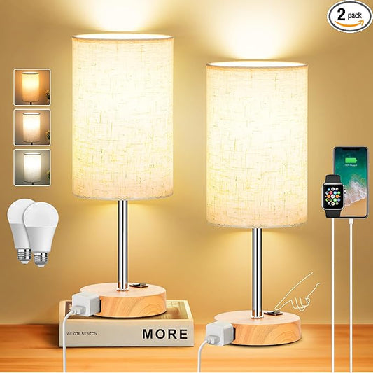ZJOJO Table Lamp for Bedroom Set of 2, Bedside Small Lamps with 3 Way Dimmable Rocker Switch & AC Outlet, Nightstand Desk Lamp with Flaxen Fabric Shade Woodgrain Base for Living Room Home Decor Lights - Bloomnest