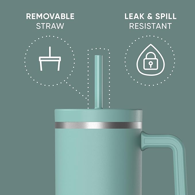 Hydrapeak Voyager 40 Oz Stainless Steel Tumbler with Handle, Insulated Water Bottle With Straw & Lid, Cupholder Friendly Reusable Travel Mug (Pale Sage) - Bloomnest
