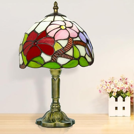 8 Inch Tiffany Lamp, Small Stained Glass Lamp for Bedside, Living Room, Red Rose - Bloomnest