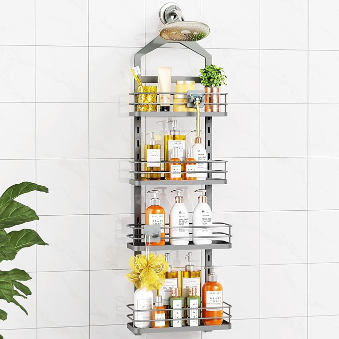 ODesign 4 Tier Height-Adjustable Shower Caddy Hanging Anti-Swing-Over The Shower Head Caddy-Showers Storage Organizer Bathroom Shelves Basket Showers Caddies-Grey - Bloomnest