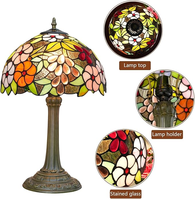 Tiffany Lamp Stained Glass lamp Bedside Table Lamps for Living Room Bedroom Dorm Kitchen Home Decor Festival Birthday Gift,12 inches Grape Flower - Bloomnest