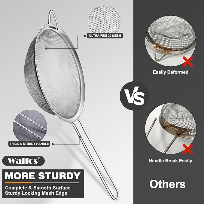 Walfos 4.6 Inch Fine Mesh Strainer, Premium Stainless Steel Colanders and Sifters, with Reinforced Frame and Sturdy Handle, Perfect for Sift, Strain, Drain and Rinse Vegetables, Pastas and Tea - Bloomnest