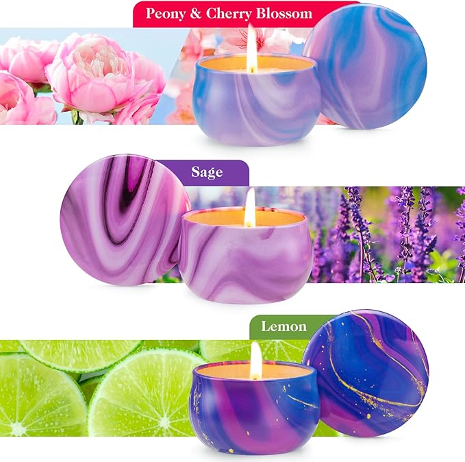 Hausware 3 Pack Scented Candles, 2.5 oz Aromatherapy Candles with Floral Scents,Soy Candles Set with 72H Burning Time,Ideal Gift for Womens(Lemon+Sage+Peony&Cherry Blossom) - Bloomnest