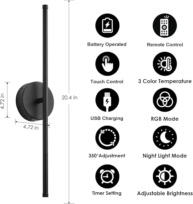Battery Operated Wall Sconces Set of Two, with Remote Control, Dimmable, Warm White/Natural White/Daylight/RGB, 350°Rotate, LED Black Wireless Wall Light for Living Room, Bedroom, 20.4 Inch - Bloomnest