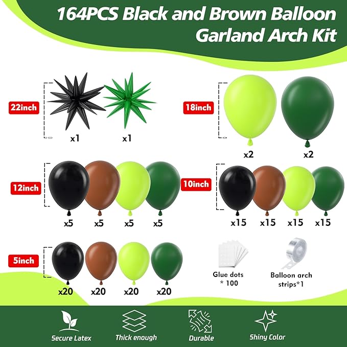 164Pcs Green and Brown Balloon Garland Arch Kit - Video Game Party Decorations with 18 12 10 5 Different Sizes Latex Party Balloons for Jungle Game Theme Baby Shower Birthday Theme Decorations - Bloomnest