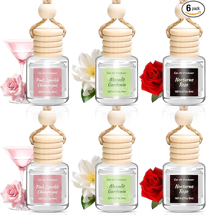 6 Pack Car Air Freshener, Long Lasting Natural Essential Oil Fragrance Diffuser - Pink Sparkle Champagne, Moonlit Gardenia & Nocturne Rose, Hanging Female Perfume Car Accessories Decor Gift - Bloomnest