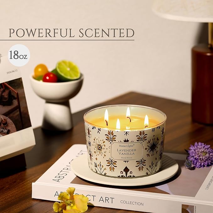 HomeLights Large jar Candle | 4-Wick Long-Lasting Scented Candles, 18oz Natural Soy Wax Candle for Home Scented, Bohemian Natural Textures Gifts for Women & Men, Lavender Vanilla - Bloomnest