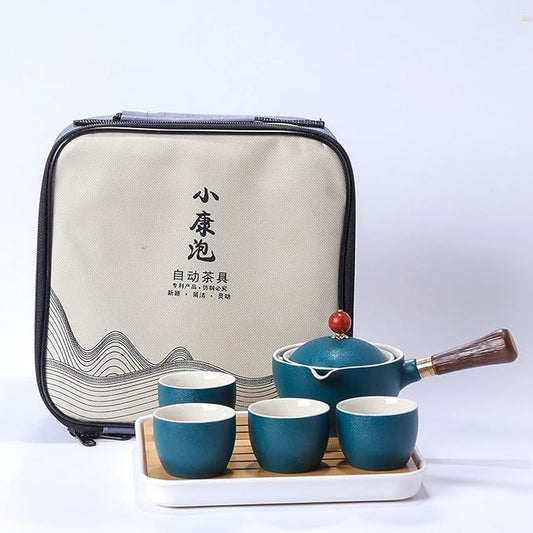Ceramic Portable Travel Tea Set, Chinese Kungfu Tea Set with 360 Rotation Teapot and Infuser, 4 Tea Cups, Tea Tray And Travel Bag (Green)