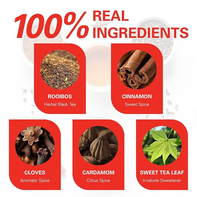 WT WEETEE Rooibos Chai Tea Bags, South African Red Tea with Cinnamon, Cloves, Cardamom, Natural Caffeine-free Herbal Tea, 50 Counts Spiced Rooibos Tea - Bloomnest