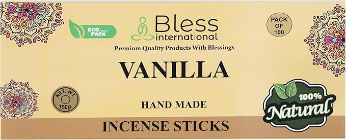 Bless-Vanilla 100%-Natural-Handmade-Hand-Dipped-Incense-Sticks Organic-Chemicals-Charcoal-Free Purification-Relaxation-Positivity-Yoga-Meditation Best-Woods-Scent (100 Sticks(5.25 OZ)) BlessInternational