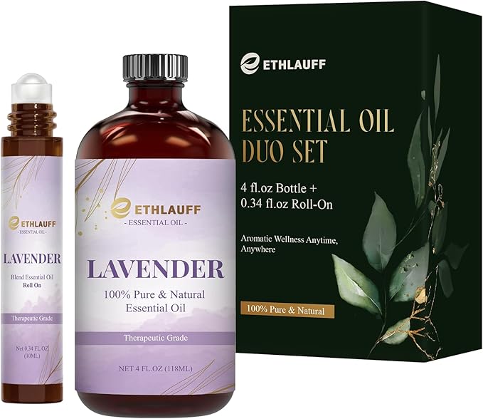 Lavender Essential Oil (4 fl.oz Bottle + 0.34 fl.oz Roll-On) — Lavender Oils for Aromatherapy, Diffusers, Humidifiers, Home fragrances, DIY Skincare, Candle, Soap Making, Relaxation, Yoga Ethlauff