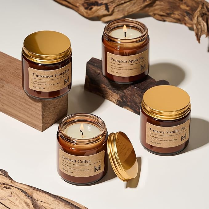 M&SENSE 4 Pack Candles for Home Scented Fall Candle Gift Set for Women Soy Wax Long Lasting Amber Jar Candles Gift for Halloween Thanksgiving Day - Bloomnest