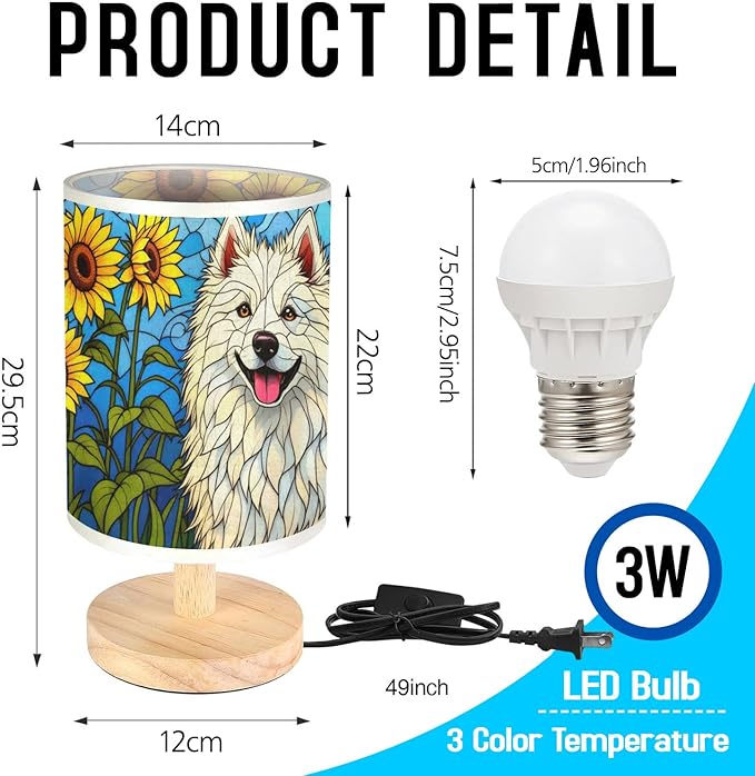 Samoyed Table Lamp LED 3-Color Pressed Bedside, Dog Shade Lamp with Wood Base for Bedroom Living Room Desk Office - Bloomnest