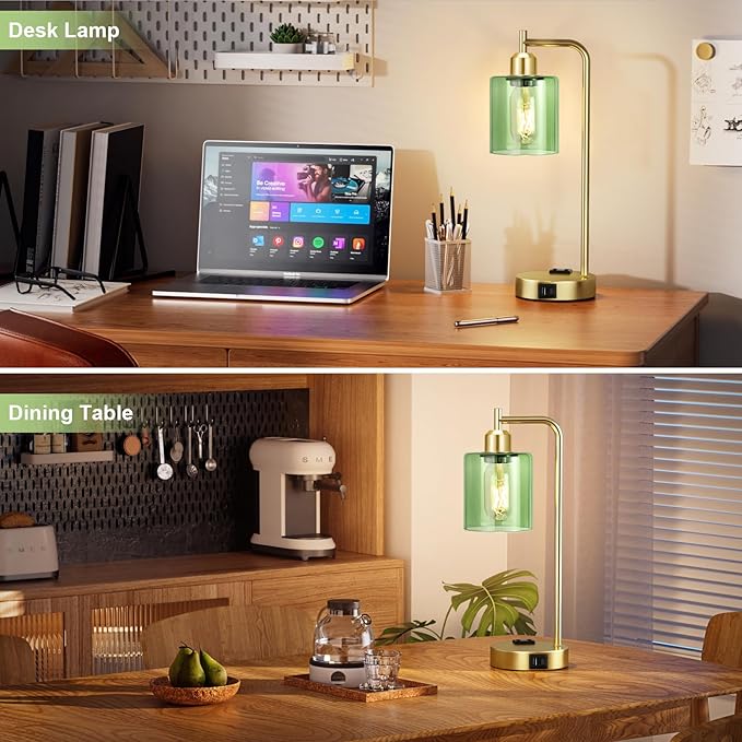 Innqoo Industrial Green Table Lamps for Bedrooms Set of 2-3-Way Dimmable Desk Lamp with USB C+A Ports and Outlet, Gold Lamps with Green Glass Shade for Living Room - Bloomnest