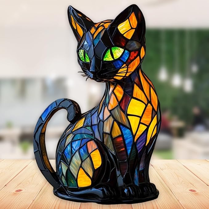 Atlodas Cat Lamp, Retro Cats Stained Resin Tabletop Night Light, Animal Table Lamps Series, Cat Lamp Stained Glass Tabletop Night Light, 3D Cute Pet LED Table Lamps, Gift for Lovers (#09, 7.87) - Bloomnest