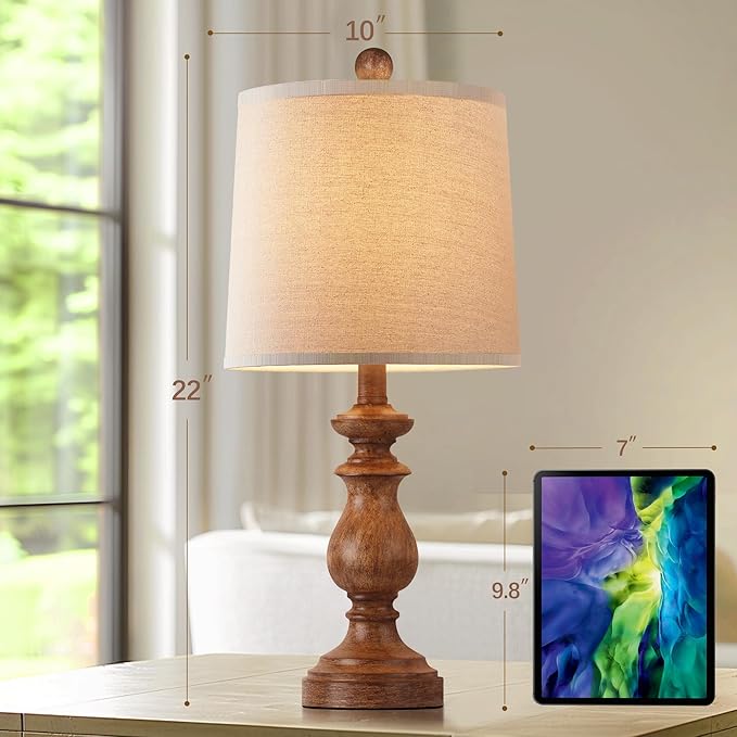 PARTPHONER Traditional Table Lamp Set of 2, Rustic Farmhouse Table Lamps for Living Room Bedroom, 22" Bedside Desk Lamps Vintage Nightstand Lamps with Linen Shades, Wood Grain - Bloomnest