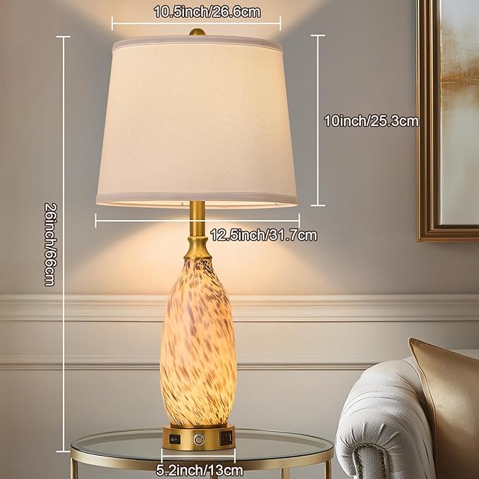 AIDENOEY 26" Modern Art Glass Table & Bedside Lamp, Stepless Dimmable Base + Dimmable 3-Color Light, USB A/C Charging Ports, Touch Control & Switch for Bedroom, Living Room, Office, Study - Bloomnest