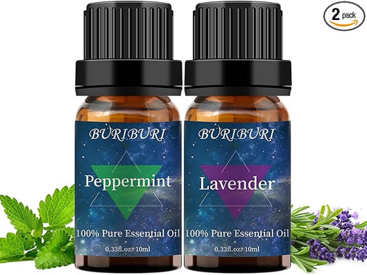 Lavender and Peppermint Essential Oil, 100% Pure, Undiluted, Natural, Organic Aromatherapy Essential Oils Gift Set, 10MLx2 BURIBURI