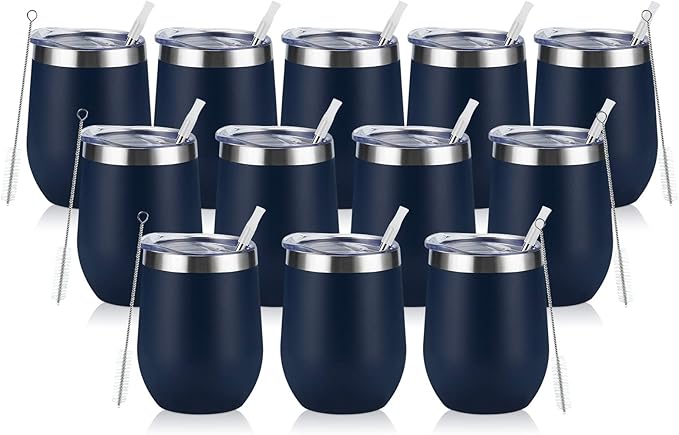 12 Pack Stainless Steel Wine Tumblers, 12Oz Double Wall Vacuum Insulated Wine Tumblers with Lids and Straws, Stainless Steel Stemless Wine Glasses for Coffee, Wine, Cocktails, Champaign, Navy Blue… - Bloomnest
