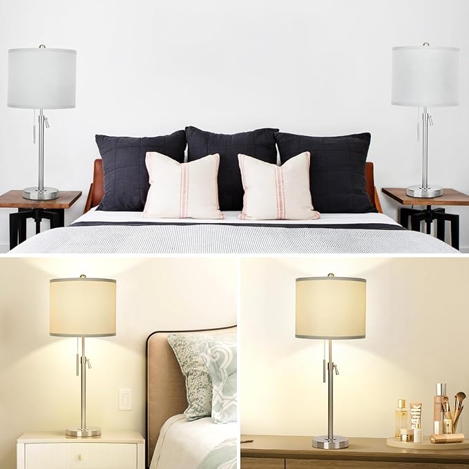 Brushed Nickel Table Lamps Set of 2: 22" to 30" Height Adjustable Nightstand Lamps with Grey Linen Shade Pull Chain Switch Silver Pole Beside Lamp for Living Room Bedroom (Brushed Nickel,Grey Shade) - Bloomnest
