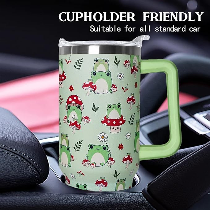 Ceovfoi 40 oz Frog Tumbler With Handle, Lid and Straw - Cute Green Kawaii Mushroom Gifts for Women, Decor, Accessories - Bloomnest
