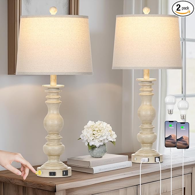 28" Farmhouse Table Lamps Set of 2 with USB C+A Ports & AC Outlet for Vintage Living Room Retro Bedroom,3-Way Dimmable Touch Lamp Resin Bedside Lamps for Nightstand Side End Table, Beige - Bloomnest