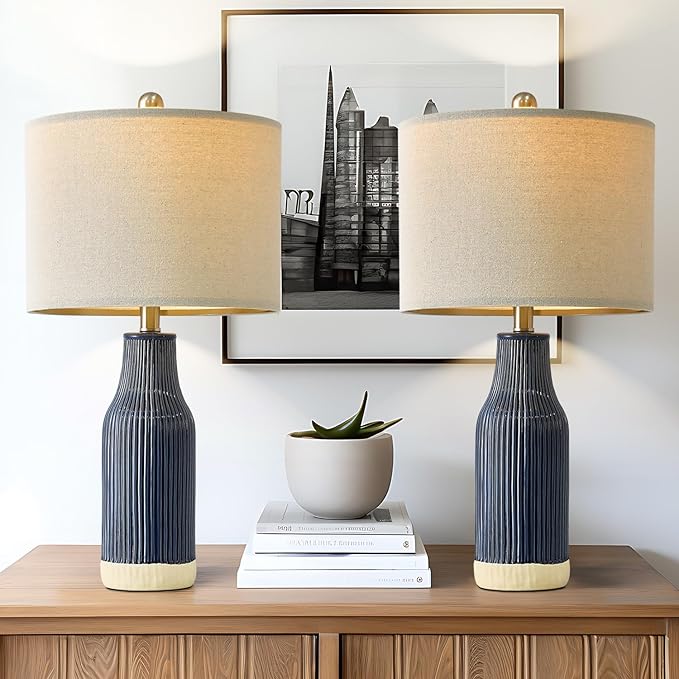 23.75" Modern Blue Ceramic Table Lamp Set of 2 for Living Room, Farmhouse Bedside Nightstand Lamp for Bedroom Home Office Dorm - Bloomnest