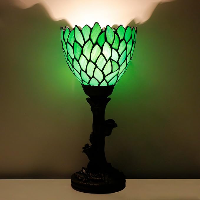 Small Tiffany Lamp Mini Stained Glass Table Lamp Green Wisteria Accent Desk Uplight W6 H13.5 Inch Bronze Resin Base - Bloomnest