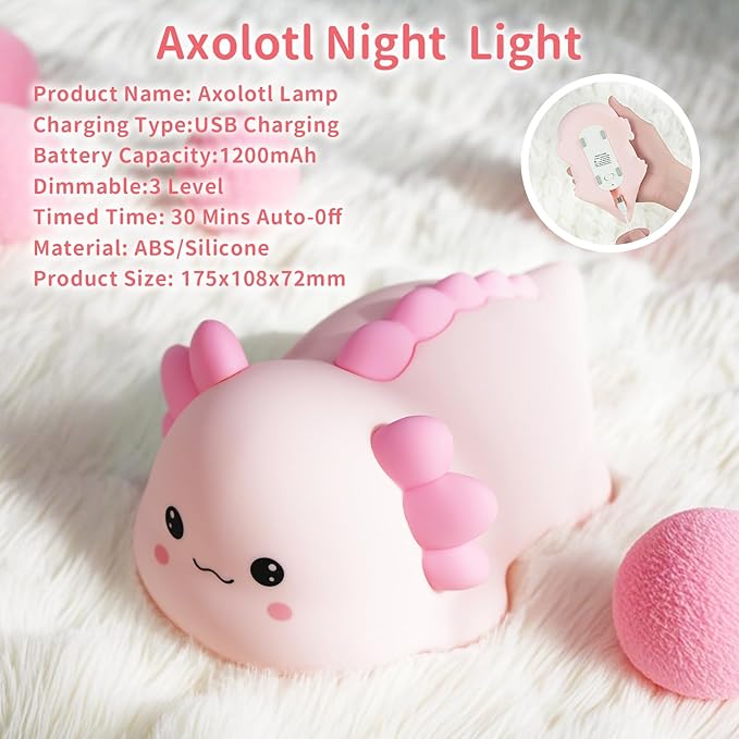 Axolotl Silicone Nursery Night Light, Dimmable LED Animal Lamp with Timer,Cute Gifts Rechargeable Bedroom Bedside Lamp with Touch Sensor Toy for Kids (Axolotl B) - Bloomnest