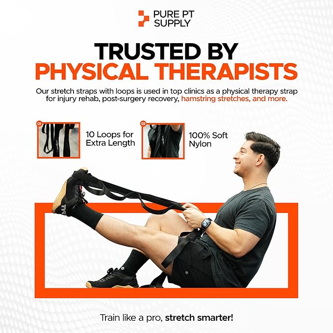 Pure PT Stretching Strap – Physical Therapist-Approved yoga straps for stretching | Premium Stretch Strap with 10 Loops for Yoga, Rehab, Injury Recovery & Flexibility, Expert Workouts Included - Bloomnest