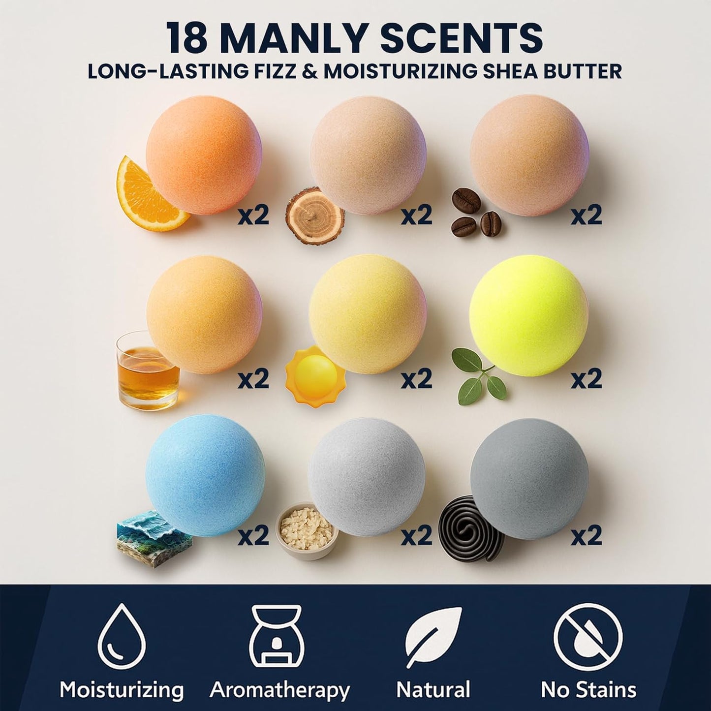 Bath Bombs for Men - Gift Set of 18 Scented Handmade Natural Bath Bombs of 2.5 oz w/Essential Oils, Unique Manly Scents, for Boyfriend, Husband, Father - 18 Pack