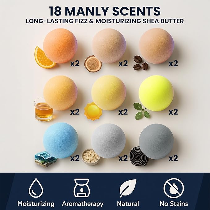 Bath Bombs for Men - Gift Set of 18 Scented Handmade Natural Bath Bombs of 2.5 oz w/Essential Oils, Unique Manly Scents, for Boyfriend, Husband, Father - 18 Pack - Bloomnest
