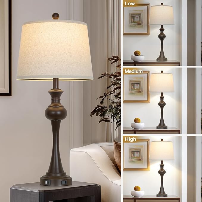 Brown Touch Table Lamps,28.75" Tall Bedside Lamps with USB C+A Ports, 3-Way Dimmable Table Lamp, Nightstand Lamps for Bedroom, Living Room，Brown Lamps with Beige Lampshade, Bulb Included - Bloomnest