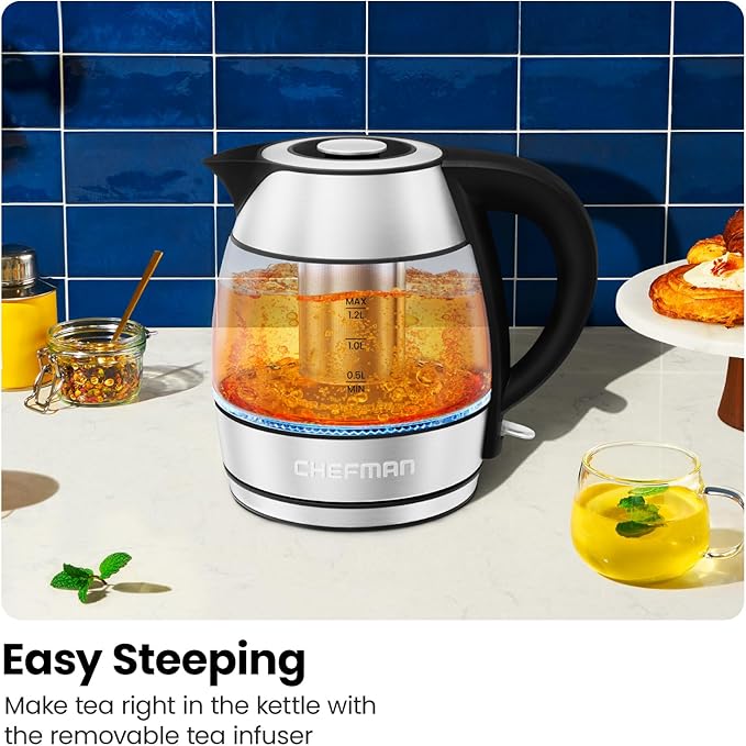 CHEFMAN Electric Kettle - 1.2L 1500W Hot Water Tea Pot with Infuser, BPA Free, Auto Shut Off, Boil-Dry Protection, Removable Lid, LED Light, Cordless Glass Electric Tea Kettle – Stainless Steel - Bloomnest