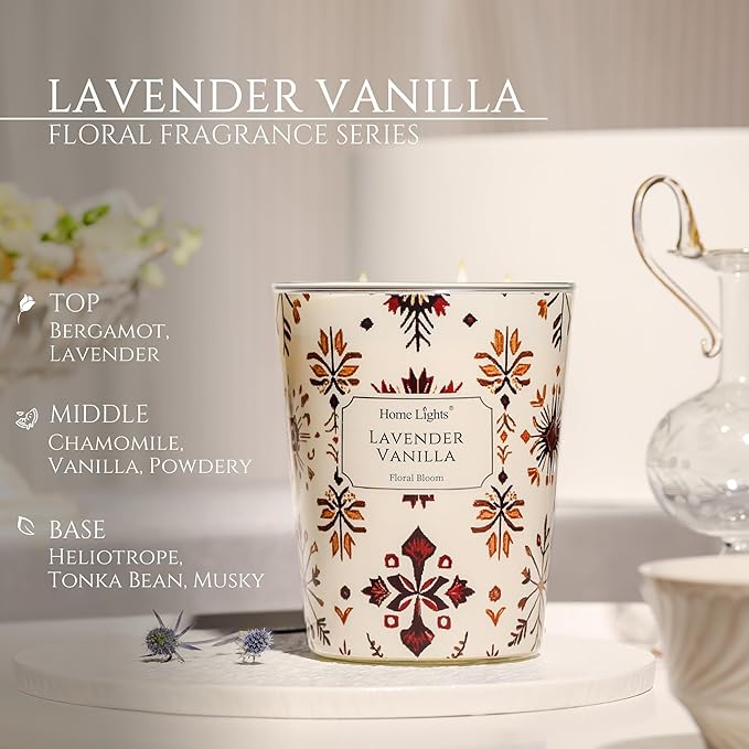 HomeLights Large jar Candle | 3-Wick Long-Lasting Scented Candles, 34oz Natural Soy Wax Candle for Home Scented, Bohemian Natural Textures Gifts for Women & Men, Lavender Vanilla - Bloomnest