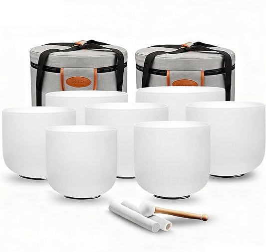 RYAN DVAN 432Hz 7-12 inch Crystal Singing Bowl Set of 7 with Free Carrying Case, Frosted Quartz Sound Bowls for Chakra Healing, Meditation,Yoga,Sound Therapy,Mindfulness,Relaxation & Stress Relief - Bloomnest