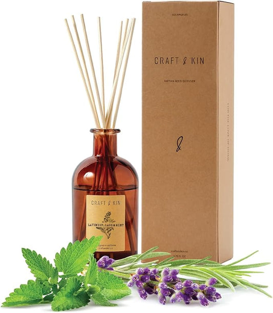 Craft & Kin Sage, Mint & Lavender Reed Diffuser | All Natural Essential Oil & 8 Rattan Scent Sticks | Reed Diffusers for Home, Bathroom | Long Lasting Home Fragrance in Amber Glass, 5.75oz CraftKin