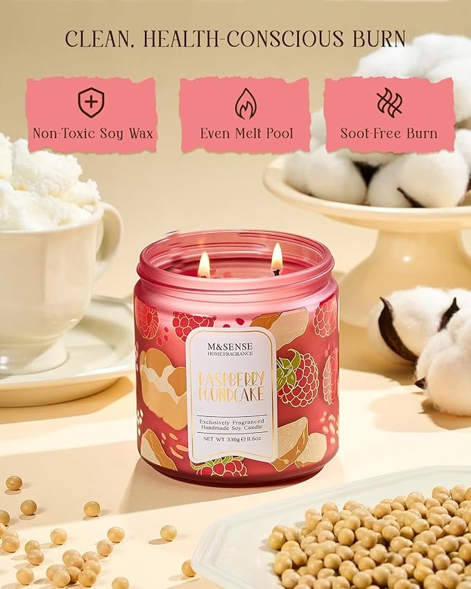 M&SENSE Raspberry Pound Cake Scented Candle 11.6oz, Natural Soy Wax Double Wick, 70H Burn Time for Bedroom Relaxing, Holiday Home Decor, Gift-Ready for Women - Bloomnest