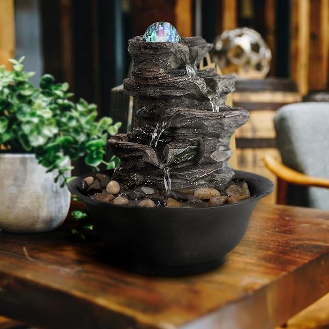 Ferrisland Tabletop Rock - Stacked Waterfall Fountain with LED - Lit Crystal Ball, Ideal for Office & Home Decor(Brown Gray) - Bloomnest