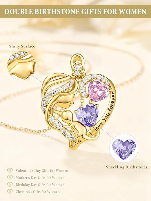 14K Gold Double Birthstone Heart Necklace for Women Mom, Mother Son/Daughter Pendant Necklace for Christmas Mother's Day Birthday Gifts for Wife Daughter Grandmom - Bloomnest