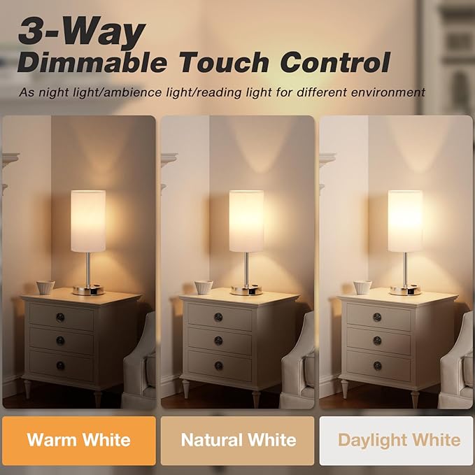 17.4Inch Bedside Touch Table Lamps for Bedroom - Tall Nightstand Lamp with USB-C USB-A Charging Ports White - 3 Way Dimmable Small Desk Lamp for Office, Dorm Room, Living Room, Reading - Bloomnest