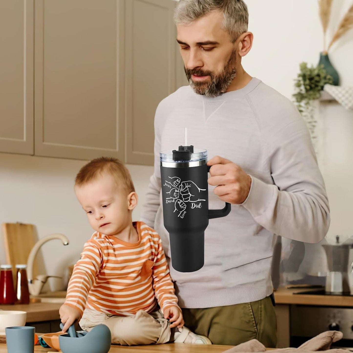 Custom Dad Tumbler with Kids Names, Personalized 40 Oz Tumbler with Handle and Straw, Personalized Birthday Gifts for Dad Husband