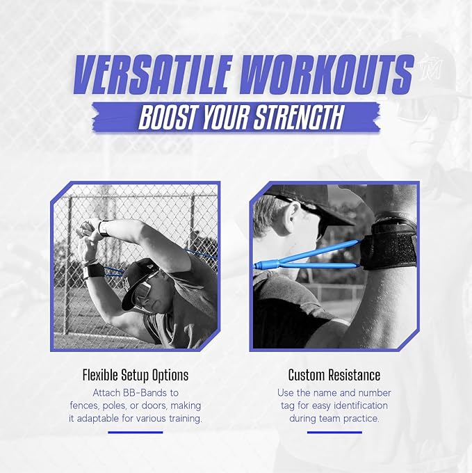 BB Bands Baseball Softball Resistance Training Bands - Arm Strength, Pitching Conditioning Equipment, 3 Strengths (Youth, Adult, Heavy), 7 Colors, Includes Anchor Strap, Door Mount, Bag, Workout Guide - Bloomnest