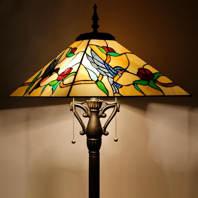 Tiffany Floor Lamp Amber Hummingbird Mission Style Stained Glass Standing Reading Light 16X16X64 Inch - Bloomnest